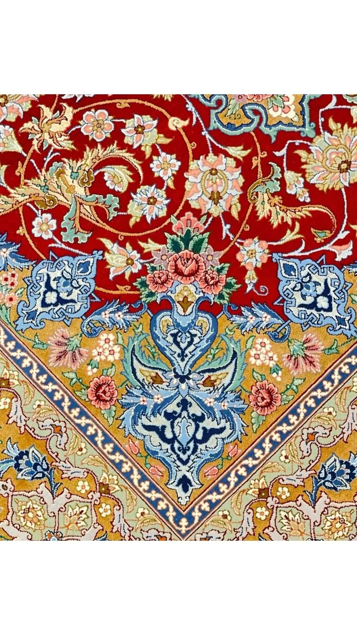 Hand-knotted Persian rug from Isfahan with detailed patterns, gold and red tones
